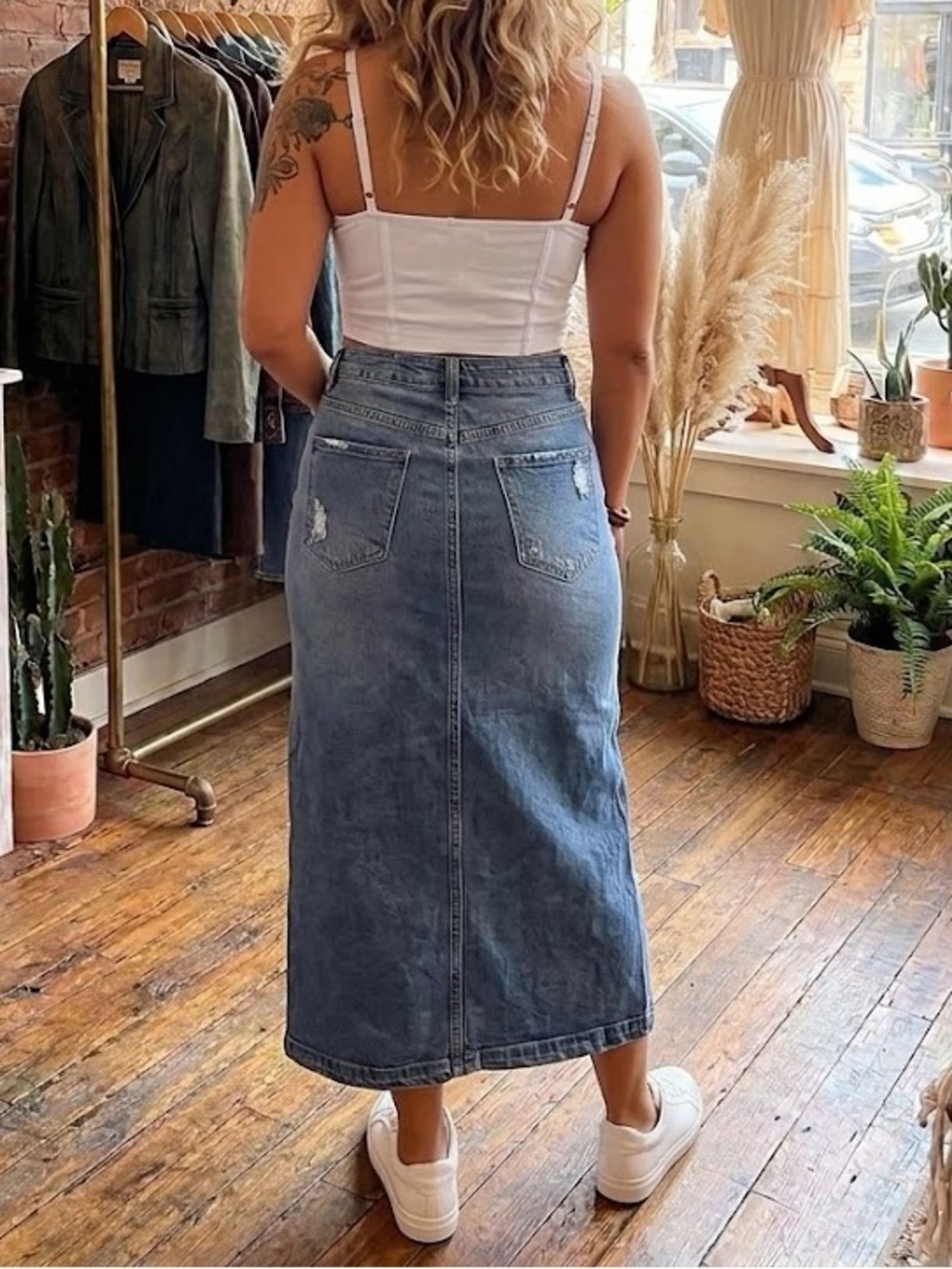 Distressed Blue Denim Midi Skirt with Front Slit - Picture 2 of 2